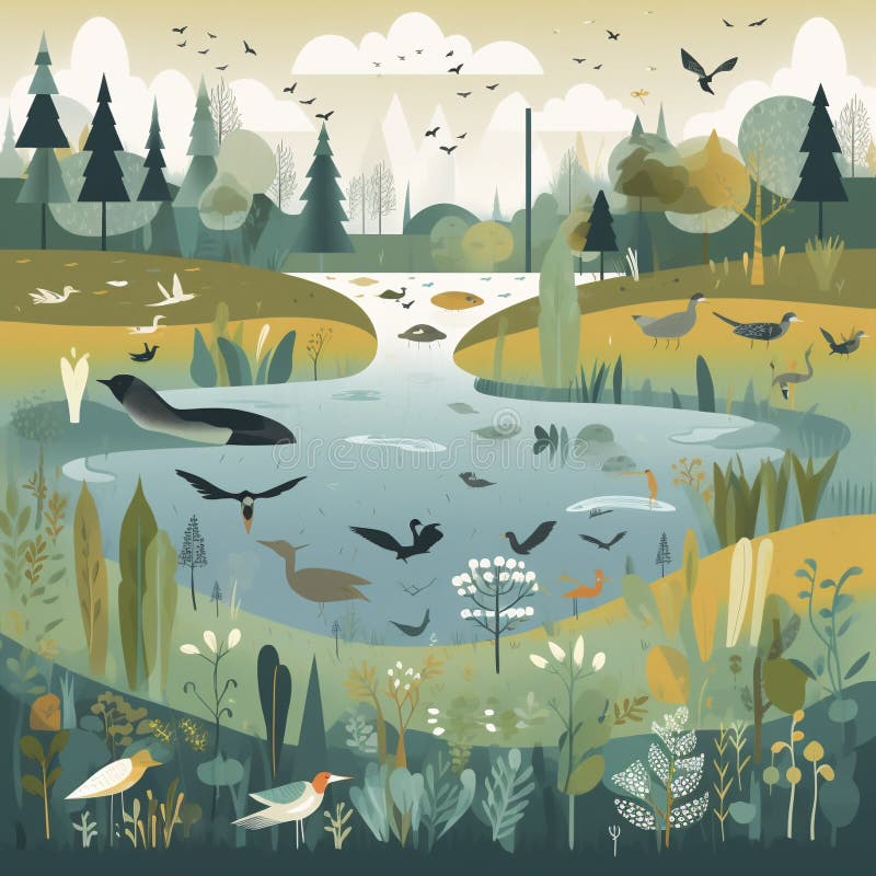 This image depicts a wetland or river ecosystem teeming with diverse species. It emphasizes the importance of water conservation in protecting biodiversity and ecosystem services. Water is essential for maintaining healthy ecosystems and supporting biodiversity. By showcasing the diversity of life that depends on clean and abundant water resources, this image inspires viewers to take action to conserve water and protect the natural world. This image represents the interdependence of water and biodiversity, and the need to manage our water resources in a way that supports both human needs and the needs of other species. This image depicts a wetland or river ecosystem teeming with diverse species. It emphasizes the importance of water conservation in protecting biodiversity and ecosystem services. Water is essential for maintaining healthy ecosystems and supporting biodiversity. By showcasing the diversity of life that depends on clean and abundant water resources, this image inspires viewers to take action to conserve water and protect the natural world. This image represents the interdependence of water and biodiversity, and the need to manage our water resources in a way that supports both human needs and the needs of other species.