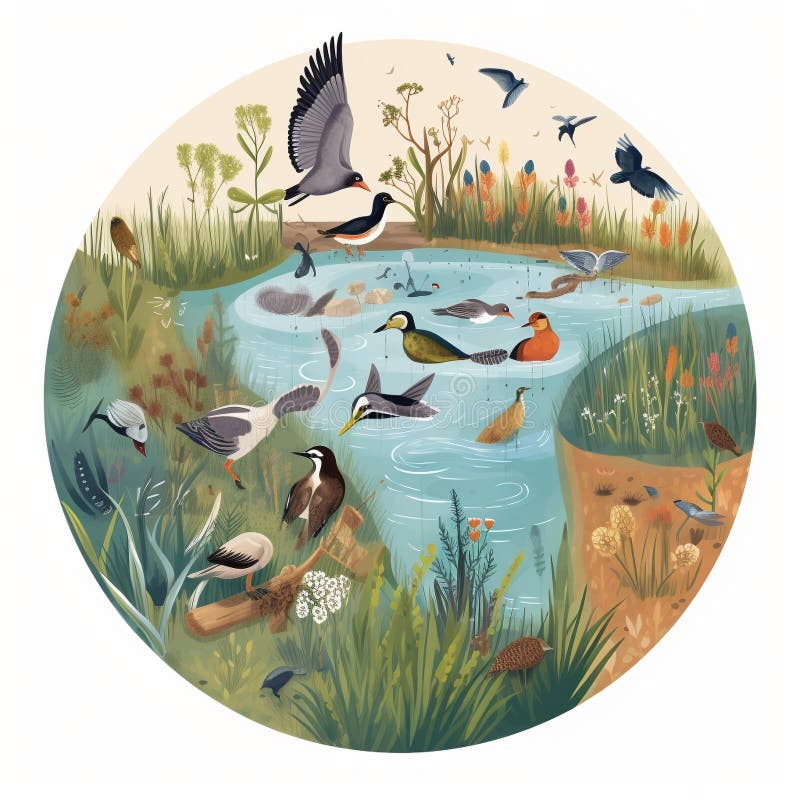 This image depicts a wetland or river ecosystem teeming with diverse species. It emphasizes the importance of water conservation in protecting biodiversity and ecosystem services. Water is essential for maintaining healthy ecosystems and supporting biodiversity. By showcasing the diversity of life that depends on clean and abundant water resources, this image inspires viewers to take action to conserve water and protect the natural world. This image represents the interdependence of water and biodiversity, and the need to manage our water resources in a way that supports both human needs and the needs of other species. This image depicts a wetland or river ecosystem teeming with diverse species. It emphasizes the importance of water conservation in protecting biodiversity and ecosystem services. Water is essential for maintaining healthy ecosystems and supporting biodiversity. By showcasing the diversity of life that depends on clean and abundant water resources, this image inspires viewers to take action to conserve water and protect the natural world. This image represents the interdependence of water and biodiversity, and the need to manage our water resources in a way that supports both human needs and the needs of other species.