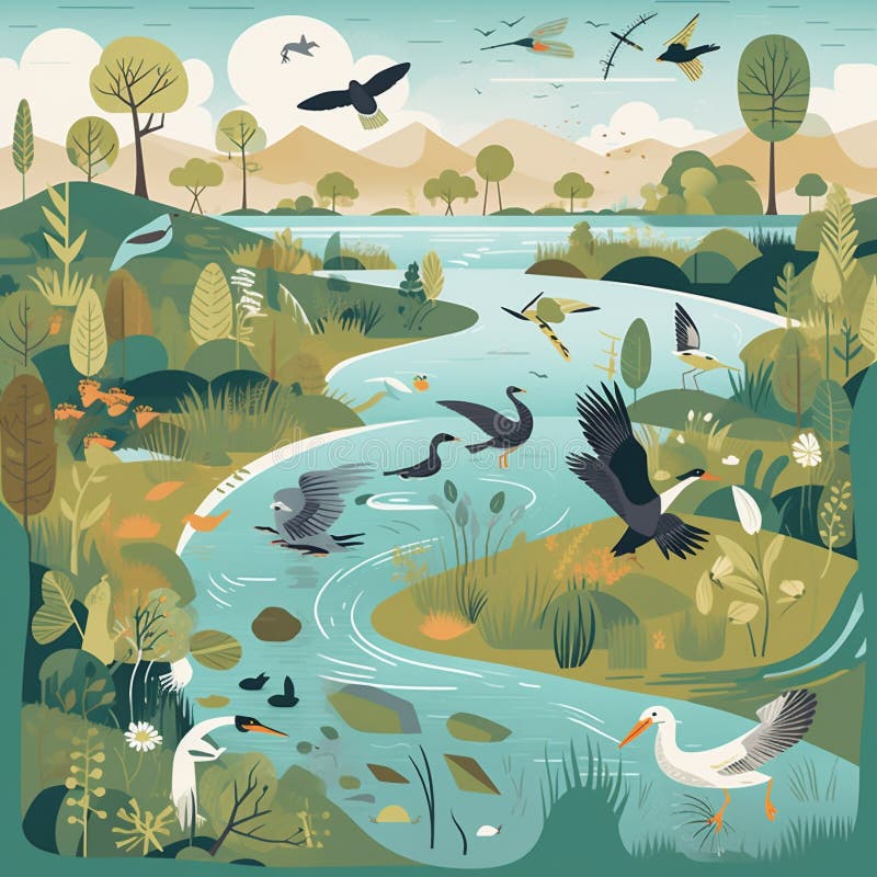 This image depicts a wetland or river ecosystem teeming with diverse species. It emphasizes the importance of water conservation in protecting biodiversity and ecosystem services. Water is essential for maintaining healthy ecosystems and supporting biodiversity. By showcasing the diversity of life that depends on clean and abundant water resources, this image inspires viewers to take action to conserve water and protect the natural world. This image represents the interdependence of water and biodiversity, and the need to manage our water resources in a way that supports both human needs and the needs of other species. This image depicts a wetland or river ecosystem teeming with diverse species. It emphasizes the importance of water conservation in protecting biodiversity and ecosystem services. Water is essential for maintaining healthy ecosystems and supporting biodiversity. By showcasing the diversity of life that depends on clean and abundant water resources, this image inspires viewers to take action to conserve water and protect the natural world. This image represents the interdependence of water and biodiversity, and the need to manage our water resources in a way that supports both human needs and the needs of other species.