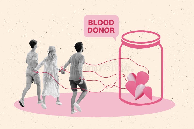 Imagen de boceto de arte montaje collage de fotos de donantes de sangre al corazón de jar joven dama dos hombres empujan la mano imagen de archivo libre de regalías