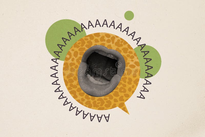 Imagen de collage de arte compuesto de boca gritando dentro de burbuja de diálogo aislada en fondo creativo fotos de archivo