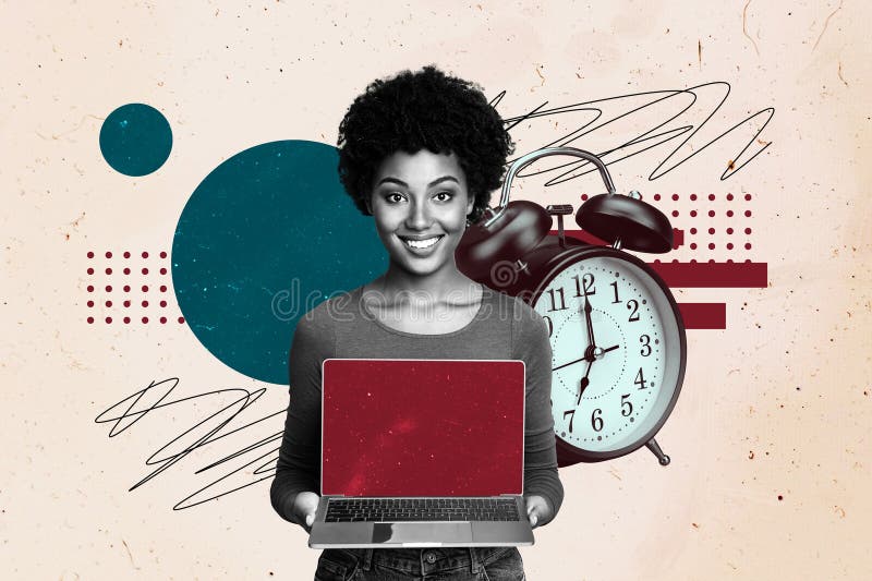 Imagen de imagen de collage de arte compuesto de la alarma de espacio vacío de la laptop chica aislada en fondo creativo imagen de archivo