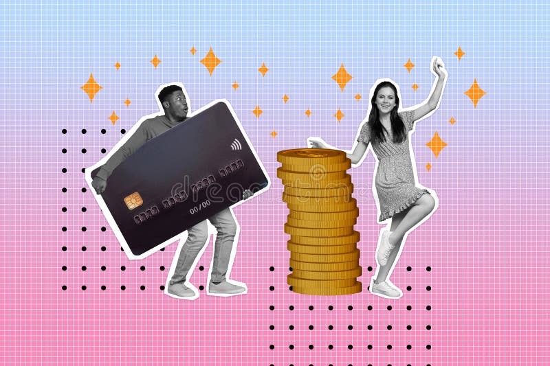 Imagen de collage compuesta de una pareja joven que gana dinero monedas de tarjetas de crédito de pago comprar fantasía carteles c fotos de archivo