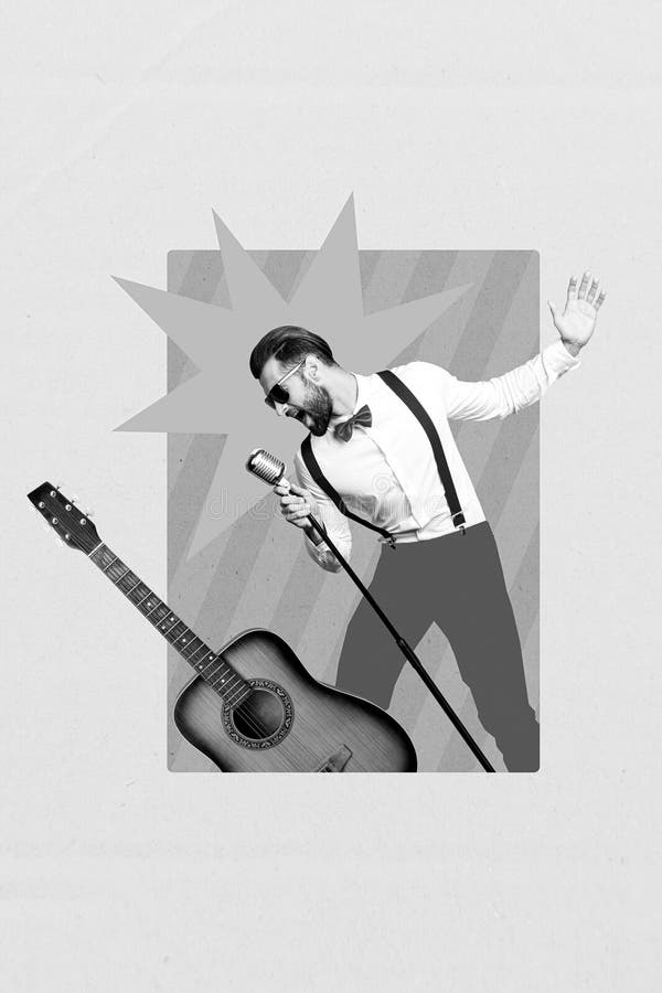 Imagen de collage vertical de exaltado tipo de efecto blanco negro cantando la guitarra acústica aislado en creativo fotografía de archivo libre de regalías