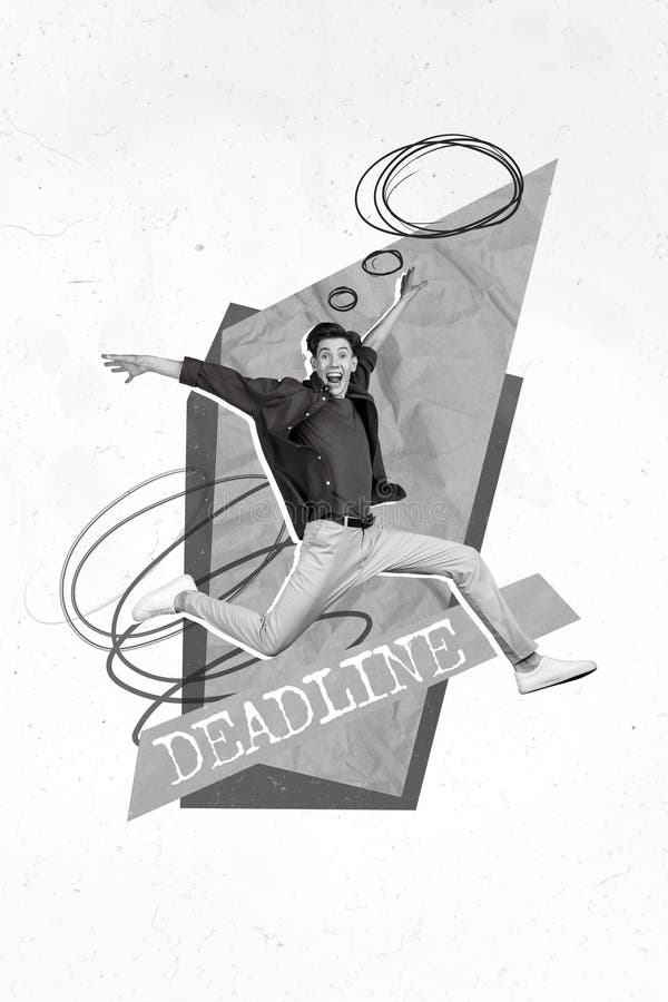 Imagen de collage vertical de un tipo positivo muy feliz saltando la fecha límite éxito aislado en fondo pintado foto de archivo