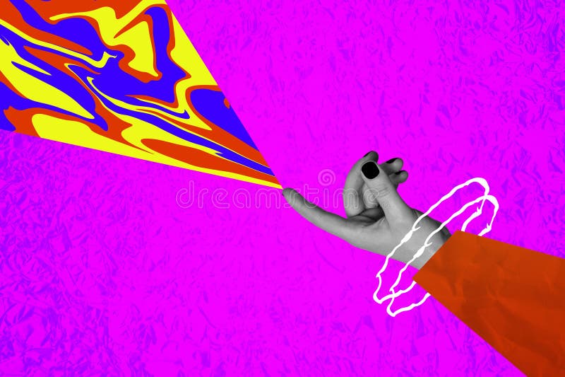 Imagen de color de color blanco negro con el dedo del brazo con los colores del tacto aislados en el fondo creativo fotos de archivo