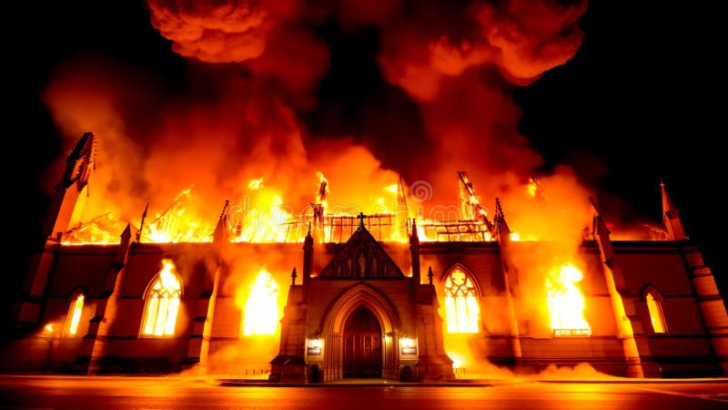 Imagen de la estructura de la iglesia en llamas por la noche con humo dramático libre illustration
