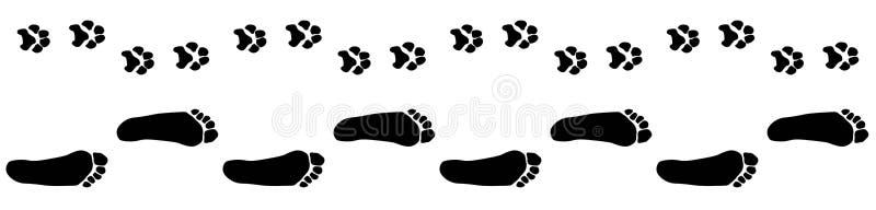 Image of footprints of dog and adult isolated, vector silhouettes, friendship concept. Image of footprints of dog and adult isolated, vector silhouettes, friendship concept