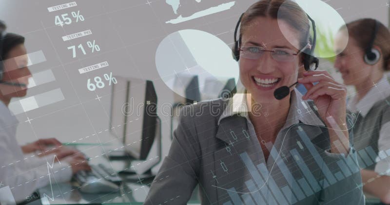 Image of infographic interface over smiling caucasian woman talking wearing headphones at office. Digital composite, multiple exposure, global, report, finance, business and technology concept. Image of infographic interface over smiling caucasian woman talking wearing headphones at office. Digital composite, multiple exposure, global, report, finance, business and technology concept.