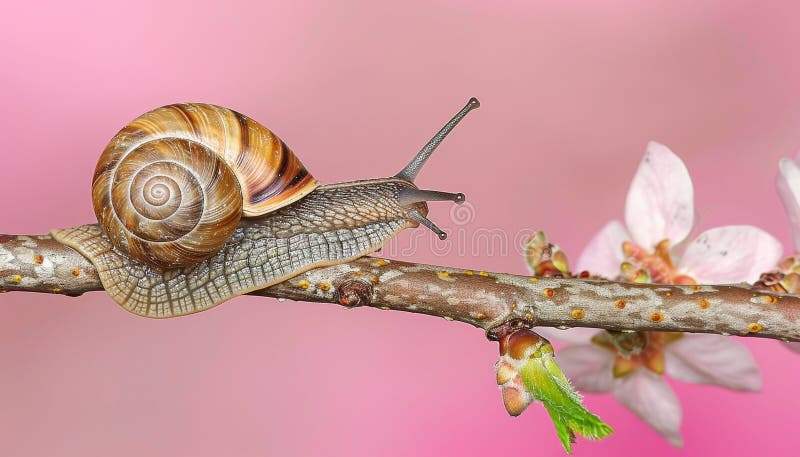 Imagen de macro detallada de un caracol arrastrándose sobre una pequeña ramera en una fotografía de cierre libre illustration