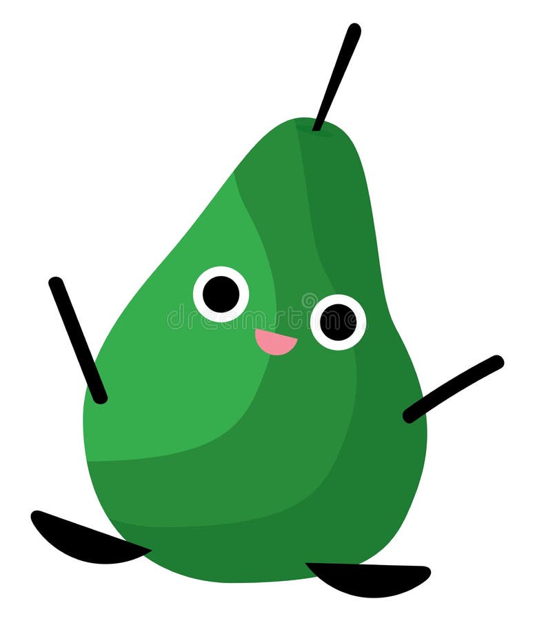 Imagen de pera feliz, vector o color. Una pera verde feliz con patas y manos, vectorial, dibujo de color o ilustración