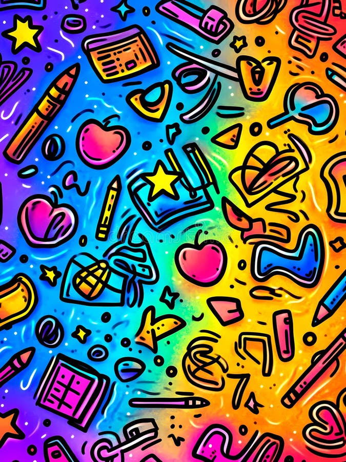 Imagen de un colorido dibujo de material escolar y una estrella. el dibujo está en forma de libro