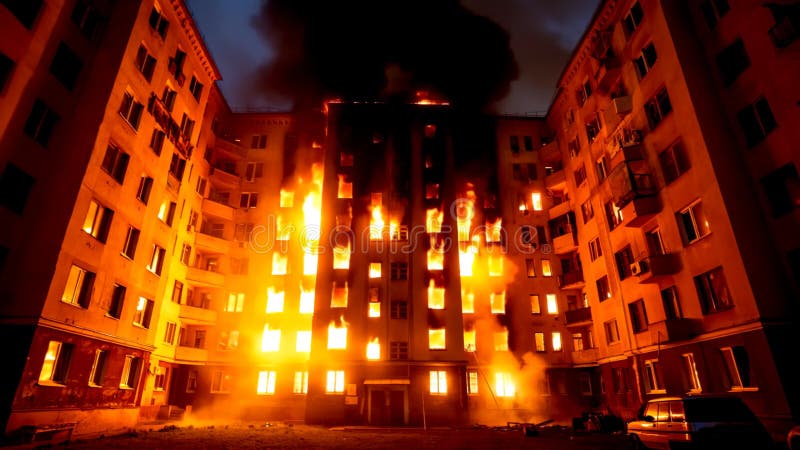 Imagen de un edificio de varios pisos envuelto en llamas por la noche ilustración del vector