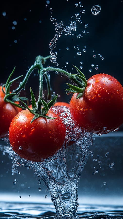 Imagen de un generador de ai de tomates, afiche de comida, deliciosos tomates frescos. Imagen del generador de ai de los tomates del afiche de la comida deliciosos tomates frescos con fondo de salpicadura y fondo de tomates de cereza fresco vista superior sólida ilustración colores claros