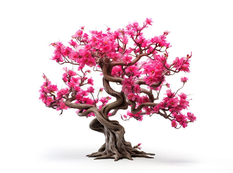 Imagen de un árbol con ramas torcidas y hermosas flores rosadas. sobre fondo blanco. ai generador de ilustraciones stock de ilustración