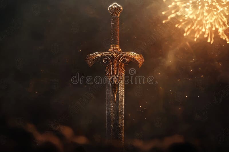 Imagen de una espada de plata con chispas de fuego en un período medieval fantástico. stock de ilustración