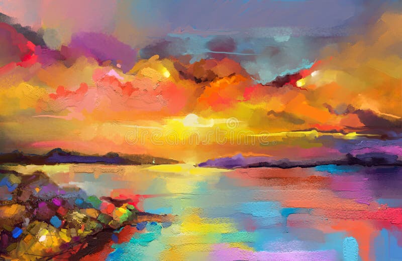 Imagen del impresionismo de las pinturas del paisaje marino con el fondo de la luz del sol libre illustration Imagen del impresionismo de las pinturas del paisaje marino con el fondo de la luz del sol libre illustration