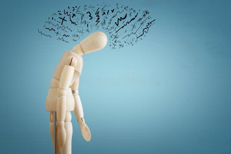 imagen del maniquí de madera con pensamientos subrayados preocupantes depresión, obsesiva, adhd, concepto de los desordenes de an