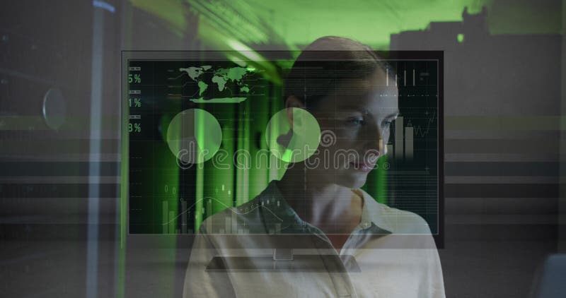 Image of data processing over caucasian female worker in server room. Global business and digital interface concept digitally generated image. Image of data processing over caucasian female worker in server room. Global business and digital interface concept digitally generated image.