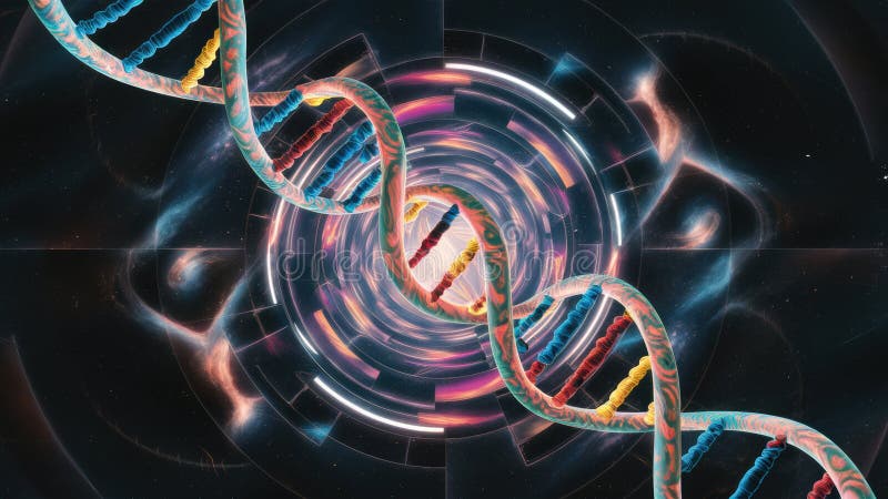 Imagen digital de una cadena de dna en el espacio con coloridos remolinos ai fotografía de archivo