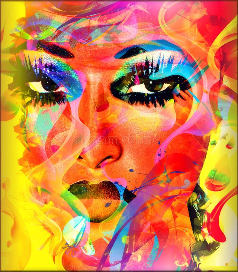 Imagen digital moderna de la cara de una mujer, cierre del arte para arriba con el fondo abstracto ilustración del vector Imagen digital moderna de la cara de una mujer, cierre del arte para arriba con el fondo abstracto ilustración del vector