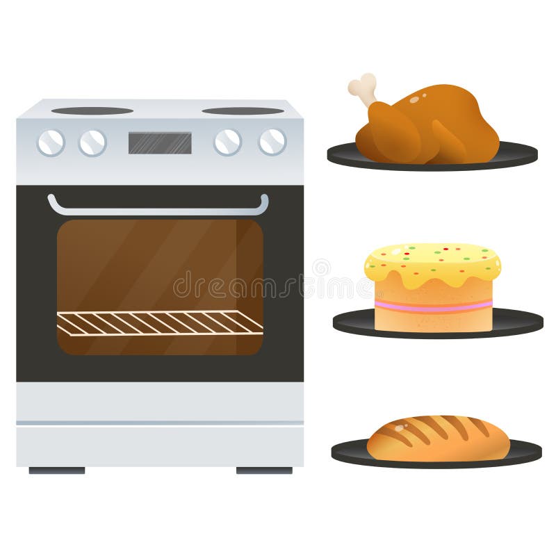 Imagen en color de horno eléctrico o estufa con platillos de pollo frito, de pastel y pan de fondo blanco Cocina y cocina stock de ilustración