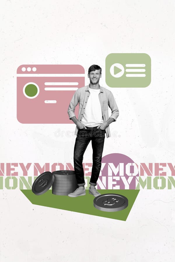 Imagen exclusiva de collage vertical de fotos de un hombre de negocios feliz con una moneda de dólar de ganancia económica icono d libre illustration