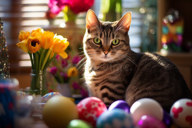 Imagen generada por ai. lindo gato rodeado de huevos de Pascua foto de archivo