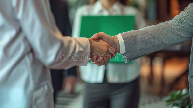 Imagen generada por Business HandshakeAI. Dos personas estrechando la mano en un ambiente profesional. imagen generada por IA.