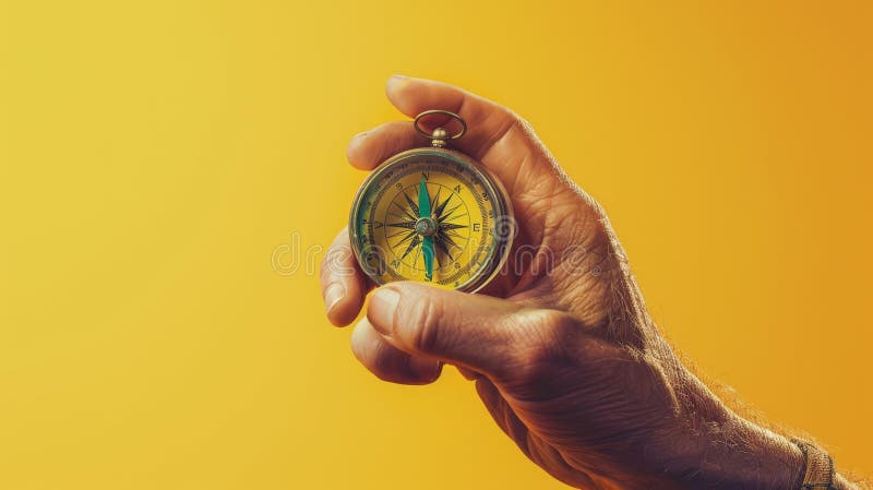 Imagen generada por compassAI de mano. Una mano sosteniendo una brújula antigua contra un fondo amarillo. imagen generada por IA.