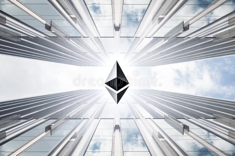 Imagen mezclada que son moneda crypto del ethereum y edificio del negocio libre illustration Imagen mezclada que son moneda crypto del ethereum y edificio del negocio libre illustration