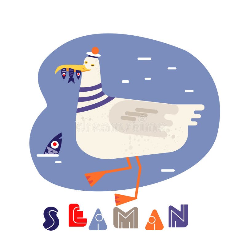 Imagen plana del vector de la gaviota Pájaro de mar que sostiene pescados en pico Personaje de dibujos animados stock de ilustración Imagen plana del vector de la gaviota Pájaro de mar que sostiene pescados en pico Personaje de dibujos animados stock de ilustración
