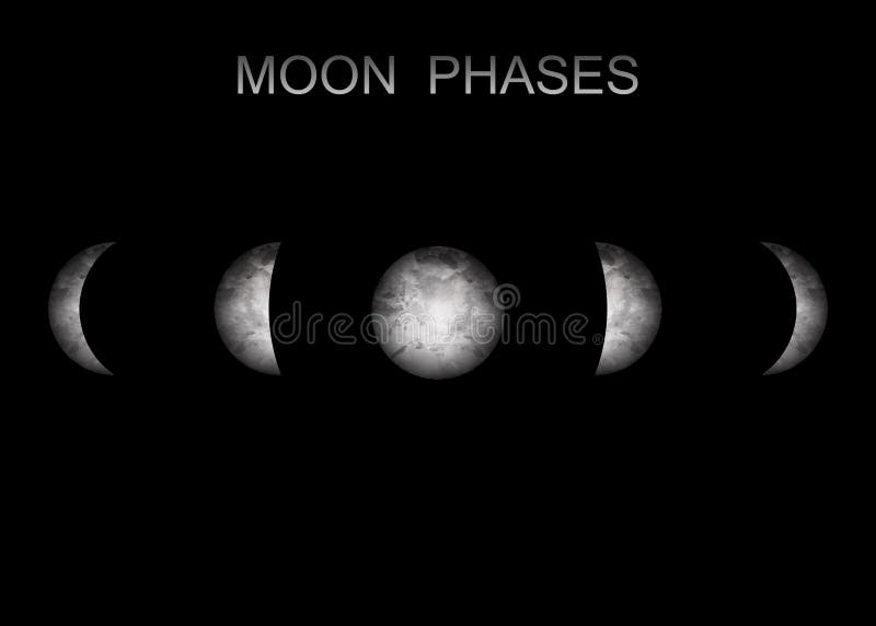 Imagen realista de la astronomía de las fases de la luna en fondo negro Ejemplo del vector del ciclo de nuevo a la Luna Llena stock de ilustración Imagen realista de la astronomía de las fases de la luna en fondo negro Ejemplo del vector del ciclo de nuevo a la Luna Llena stock de ilustración