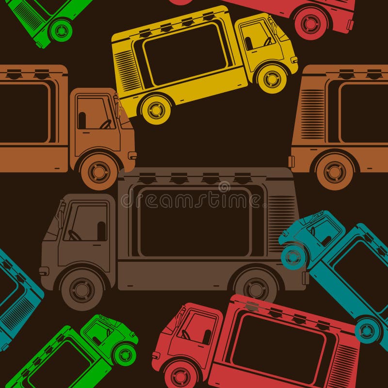 Imagen vectorial de camiones de comida móvil con vista lateral con un fondo oscuro y un patrón transparente. Vector editable de la vista lateral del estilo monocromo plano de la cocina móvil de la ilustración en varios colores como patrón sin fisuras con fondo oscuro. se puede utilizar para crear un fondo de sus necesidades como tejidos invitaciones tarjetas merchandises y también elementos decorativos para el diseño relacionado con el negocio de vehículos o alimentos y bebidas.
