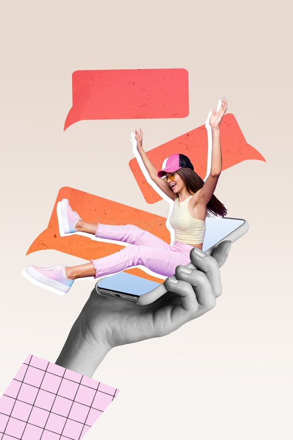 Imagen vertical creativa de collage de brazo enorme sujetar teléfono excitada señora sentada mostrar diálogo comunicación imágenes de archivo libres de regalías