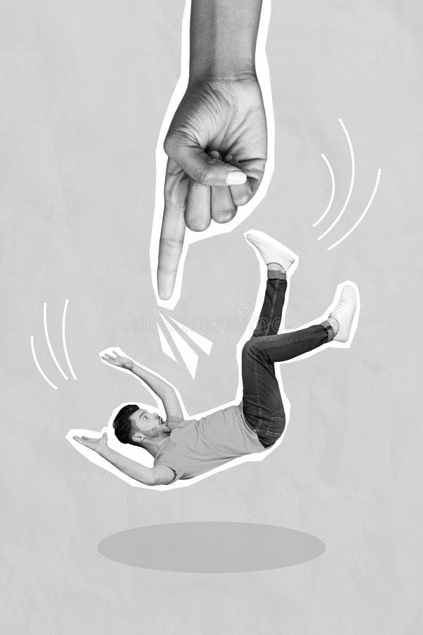 Imagen vertical creativa de collage de fotos de un enorme brazo dirigiendo el empujón cayendo impresionado tipo sin cuidado aislad fotos de archivo