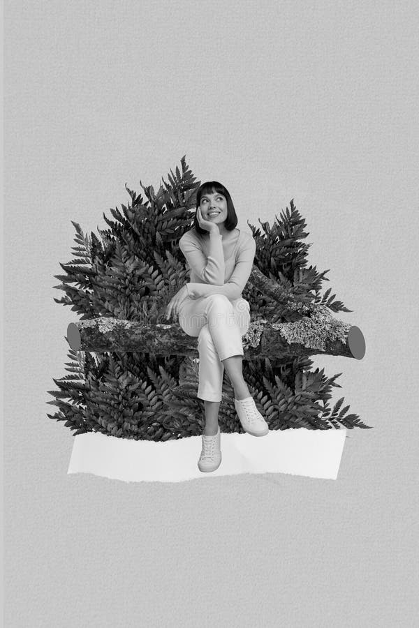 Imagen vertical creativa de collage de fotos de una encantadora chica positiva sentada en una rama soñando aislada en gris fotografía de archivo libre de regalías