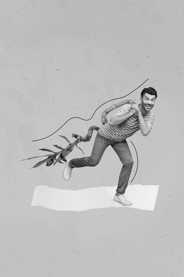 Imagen vertical creativa de collage de un gracioso hombre despreocupado y positivo tira una flor aislada en verde fotografía de archivo libre de regalías