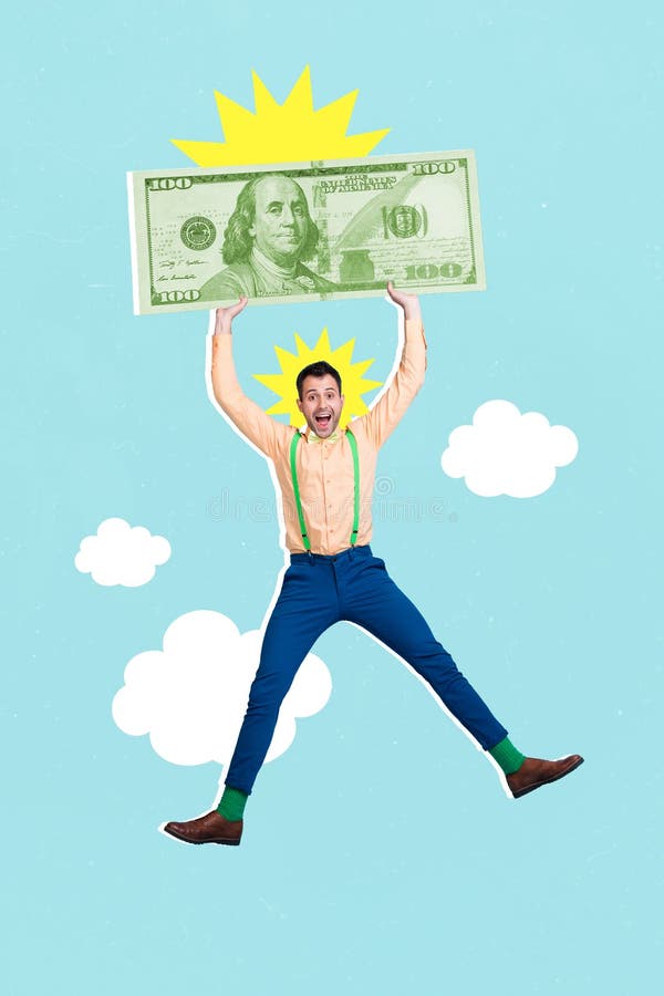 Imagen vertical creativa de collage de un joven positivo sujete el billete de un gran billar de dólares volando feliz foto de archivo libre de regalías