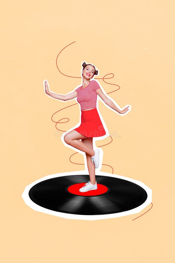 Imagen vertical creativa de collage de una joven estudiante atractiva positiva mini falda bailando retro vintage vinilo record fotografía de archivo