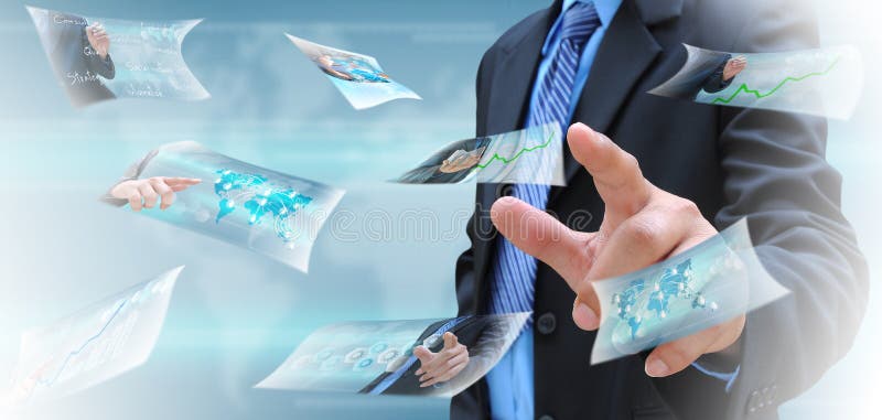 Businessman hand pushing a button streaming images on a touch screen interface. Businessman hand pushing a button streaming images on a touch screen interface