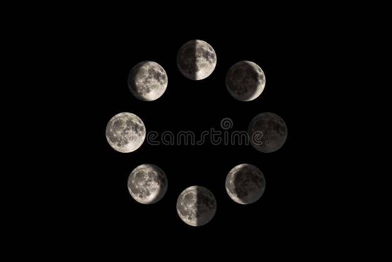 Imagens da lua em cada fase lunar principal, em um diagra do círculo imagens de stock Imagens da lua em cada fase lunar principal, em um diagra do círculo imagens de stock