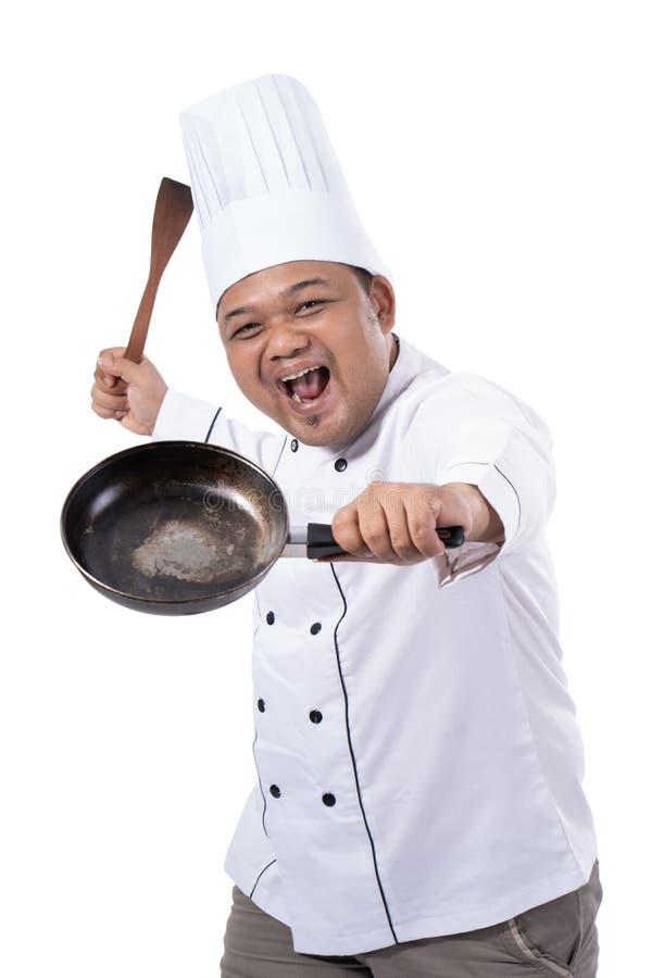 Images of Chef Confidence with Pose Hands Holding Pan Stock Photo