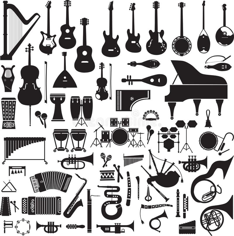 Collection of 60 black silhouettes of musical instruments on a white background. Collection of 60 black silhouettes of musical instruments on a white background