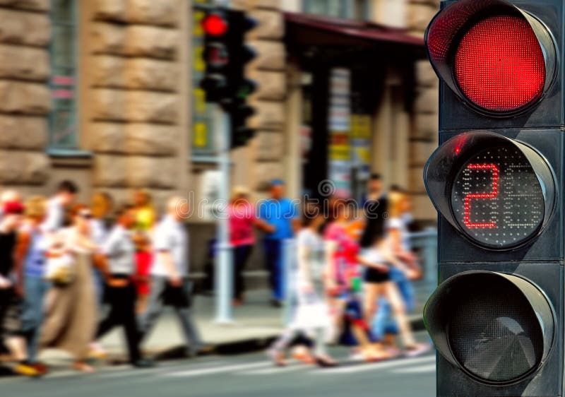 Images of red traffic lights and people.