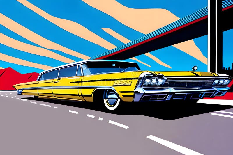 Imaginary retro car on high-way stock illustration
