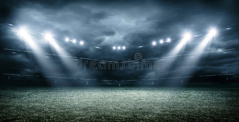 The Imaginary Soccer Stadium with dark clouds , 3d rendering