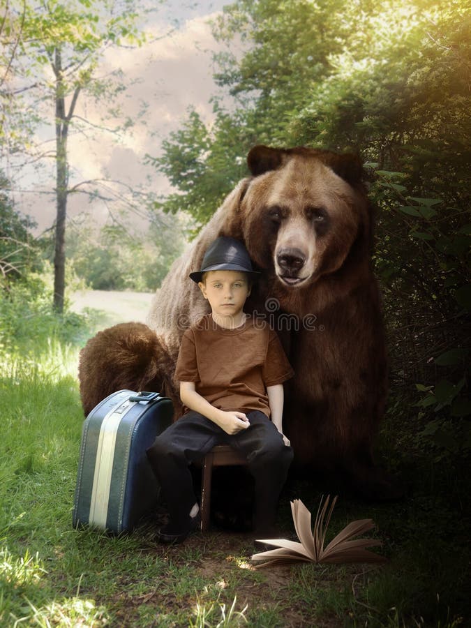 Imagination Boy and Brown Bear on Nature Trail royalty free stock image Imagination Boy and Brown Bear on Nature Trail royalty free stock image