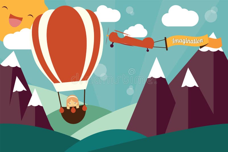 Imagination concept - girl in air balloon and airplane royalty free illustration Imagination concept - girl in air balloon and airplane royalty free illustration