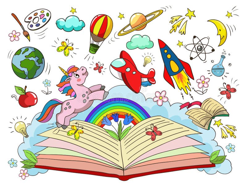 clipart of open book surrounded by things like unicorns, spaceships, and more